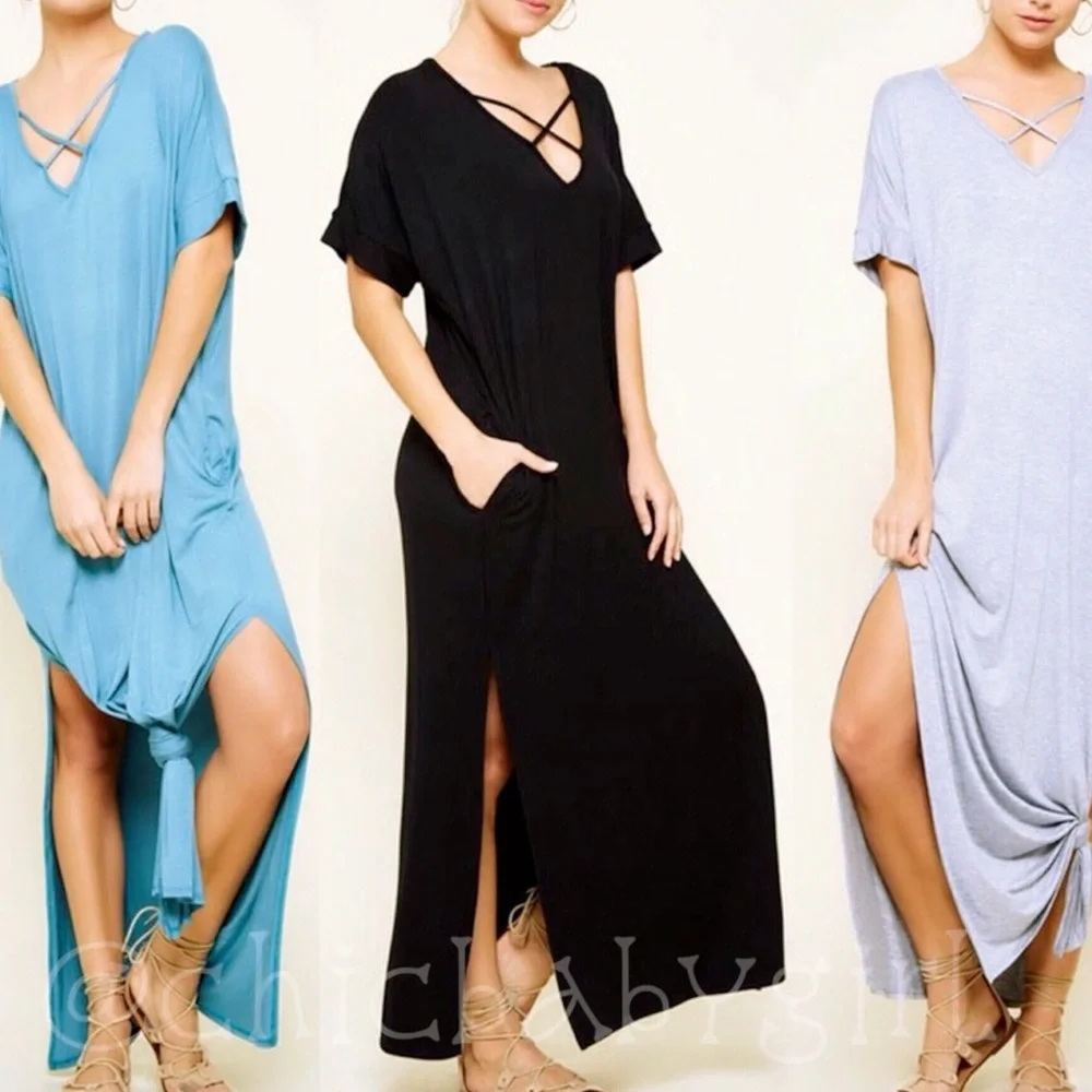 X-Cross Neck Detail Maxi Knit Dress Black - Picture 2 of 7